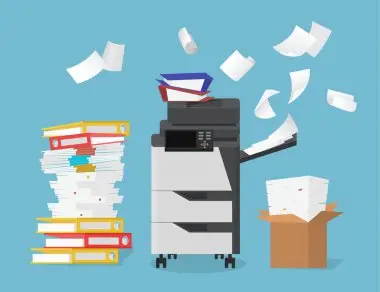 cartoon image of a large printer with sheets of paper flying out of it wildly